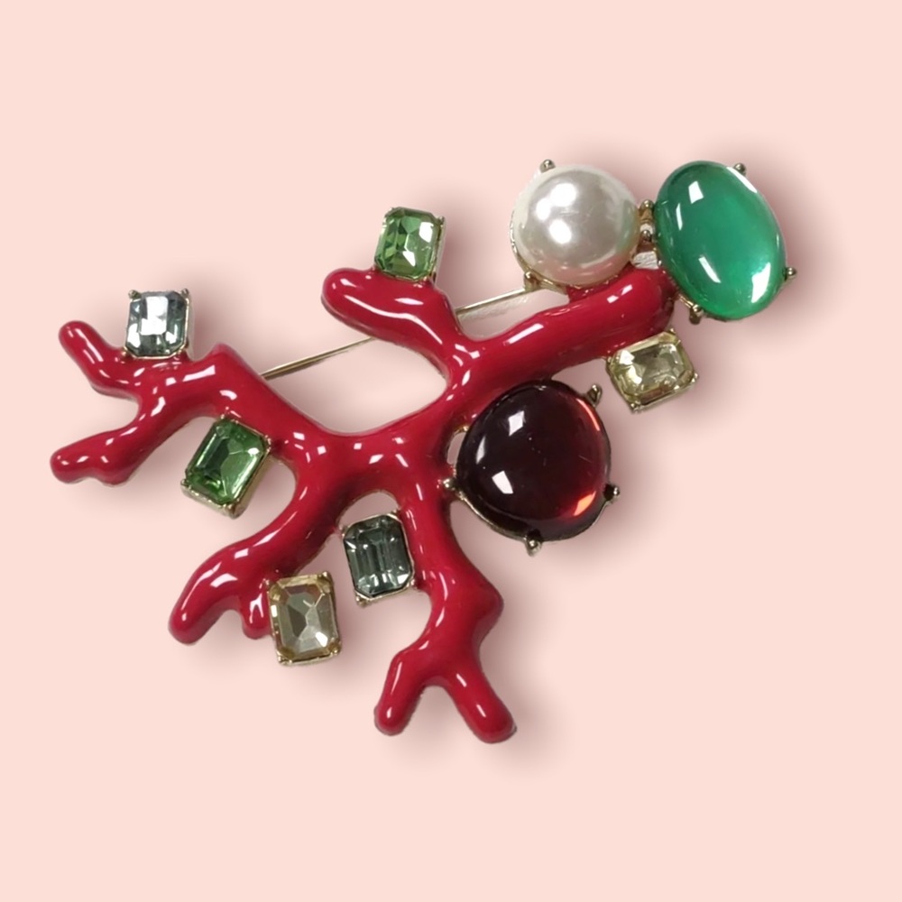 Large 3” Vintage Brooch Red Coral Enamel Cabochon… - image 2